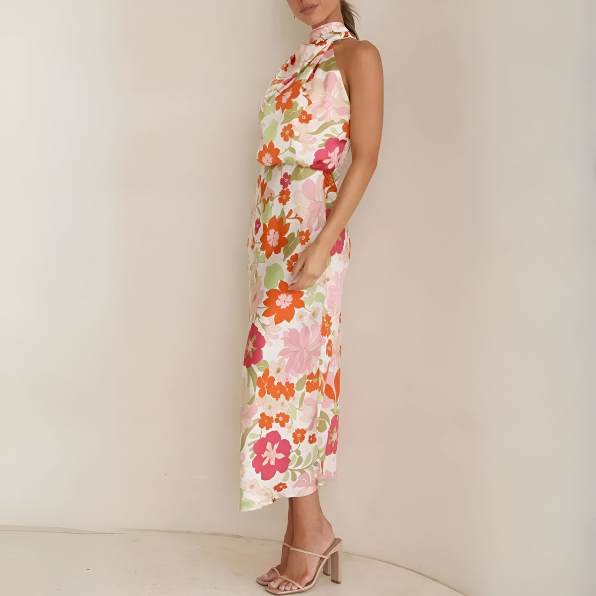 Robe Longue Femme à Halter et Mixte Asymétrique - Élégant Imprimé Fleuri