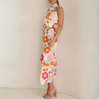 Robe Longue Femme à Halter et Mixte Asymétrique - Élégant Imprimé Fleuri