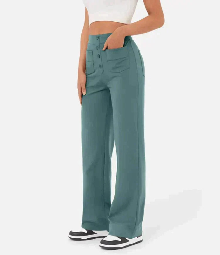 Élégant pantalon à jambe large pour femmes, avec taille haute et détails de boutons - look tendance et confortable pour tous les jours avec des poches pratiques