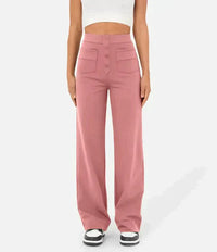 Élégant pantalon à jambe large pour femmes, avec taille haute et détails de boutons - look tendance et confortable pour tous les jours avec des poches pratiques