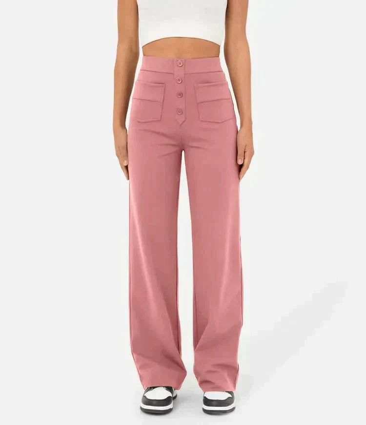 Élégant pantalon à jambe large pour femmes, avec taille haute et détails de boutons - look tendance et confortable pour tous les jours avec des poches pratiques