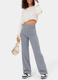 Élégant pantalon à jambe large pour femmes, avec taille haute et détails de boutons - look tendance et confortable pour tous les jours avec des poches pratiques