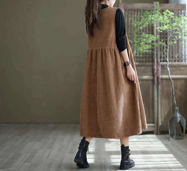 Gilet de Pana pour Femme avec Corbata sin Manga - Corte A Línea Midi - Estilo Casual, Relajado y con Bolsillos
