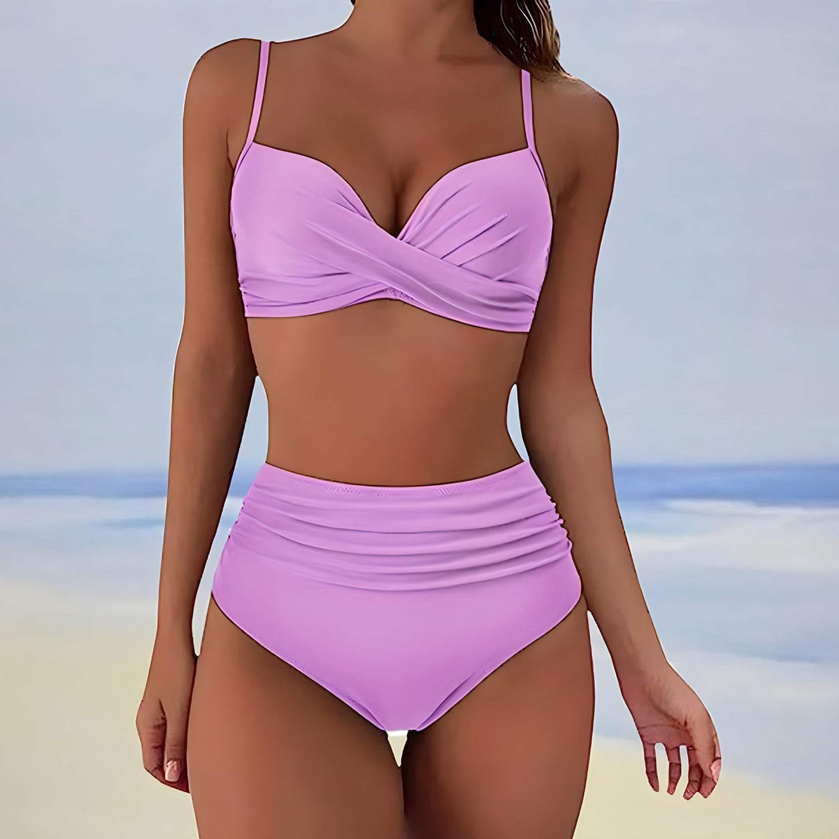 Ensemble de Bikini pour Femmes - Top à Twist Avant - Bretelles Réglables - Culotte Haute Ruchée
