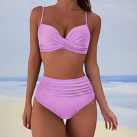 Ensemble de Bikini pour Femmes - Top à Twist Avant - Bretelles Réglables - Culotte Haute Ruchée