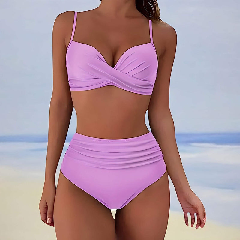 Ensemble de Bikini pour Femmes - Top à Twist Avant - Bretelles Réglables - Culotte Haute Ruchée