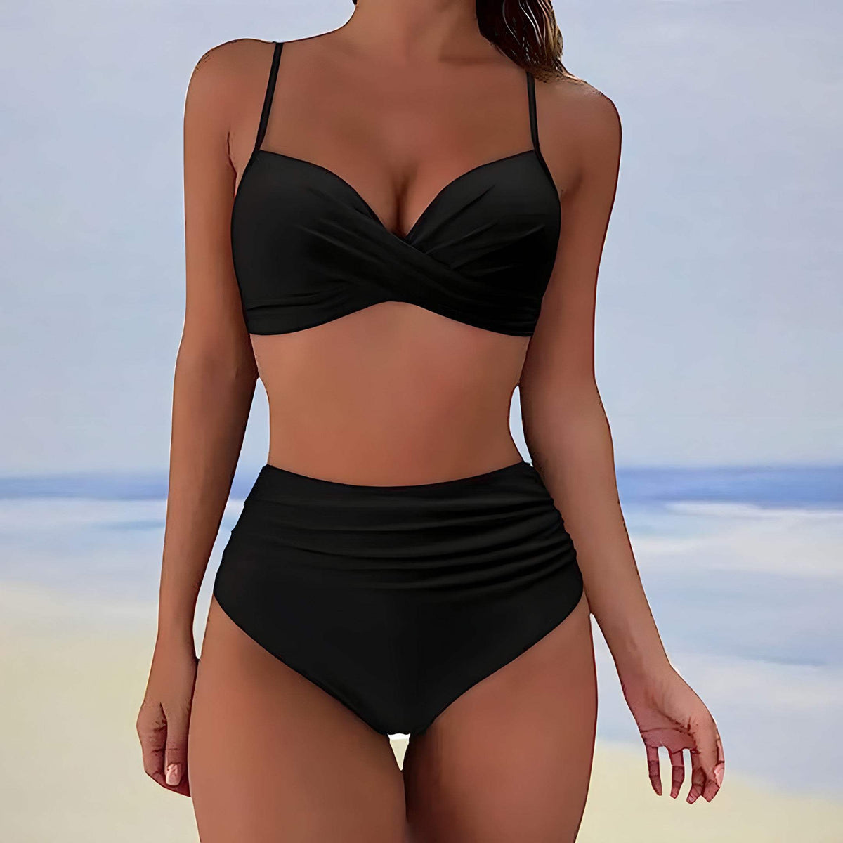 Ensemble de Bikini pour Femmes - Top à Twist Avant - Bretelles Réglables - Culotte Haute Ruchée