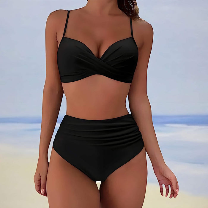 Ensemble de Bikini pour Femmes - Top à Twist Avant - Bretelles Réglables - Culotte Haute Ruchée
