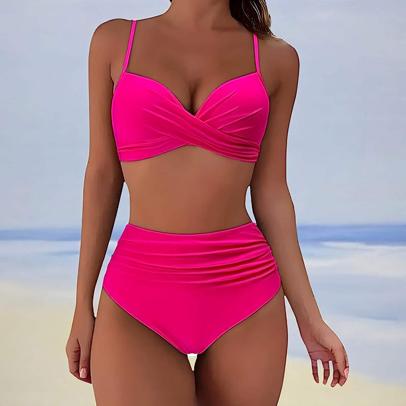 Ensemble de Bikini pour Femmes - Top à Twist Avant - Bretelles Réglables - Culotte Haute Ruchée