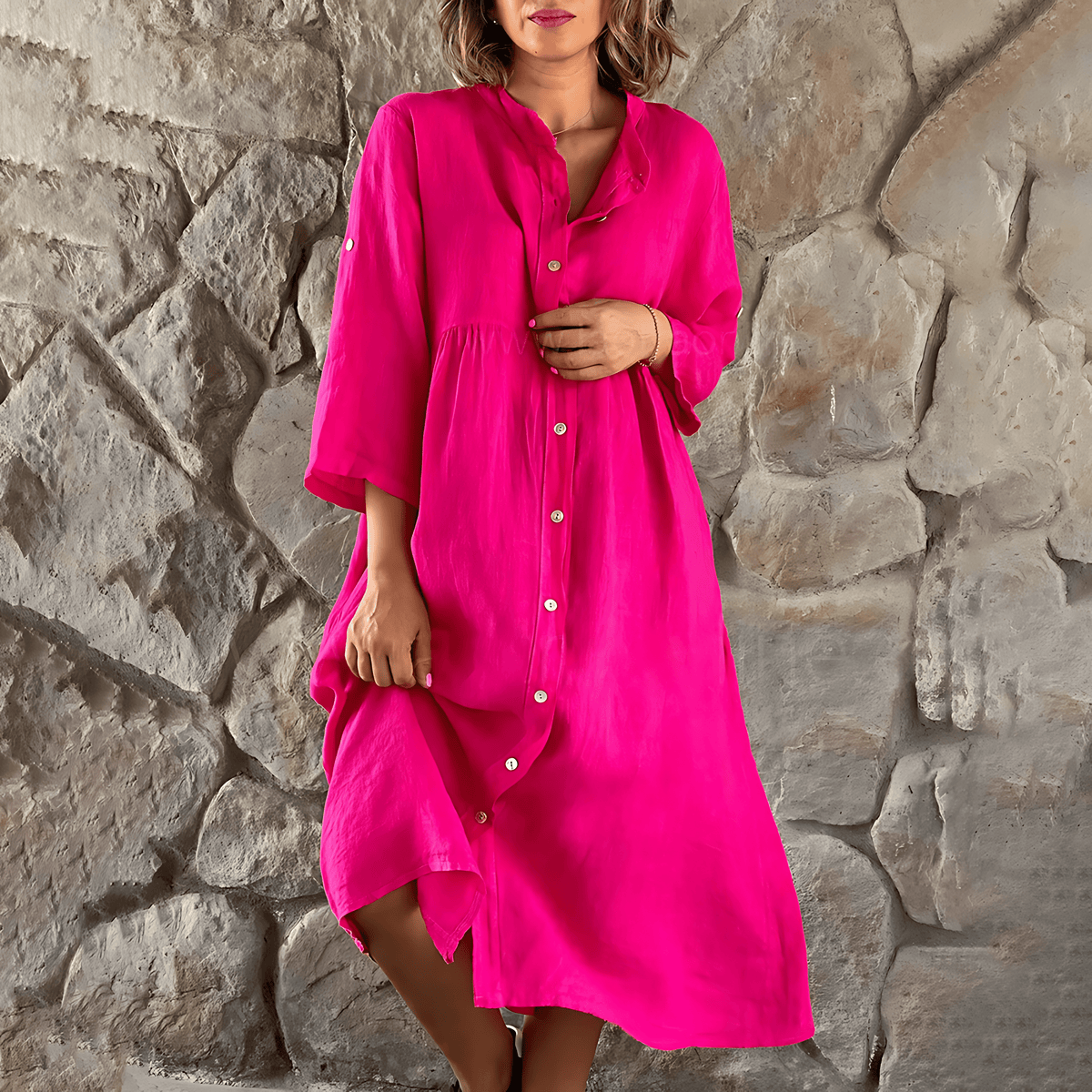 Robe midi décontractée pour femmes à boutons - Manches longues et silhouette fluide élégante