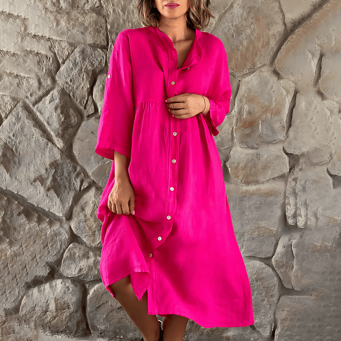 Robe midi décontractée pour femmes à boutons - Manches longues et silhouette fluide élégante