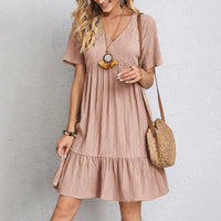 Robe décontractée à col en V pour femmes, manches courtes, ourlet à volants, coupe ample et confortable, longueur au genou