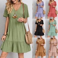 Robe décontractée à col en V pour femmes, manches courtes, ourlet à volants, coupe ample et confortable, longueur au genou