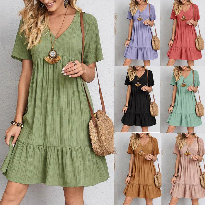 Robe décontractée à col en V pour femmes, manches courtes, ourlet à volants, coupe ample et confortable, longueur au genou