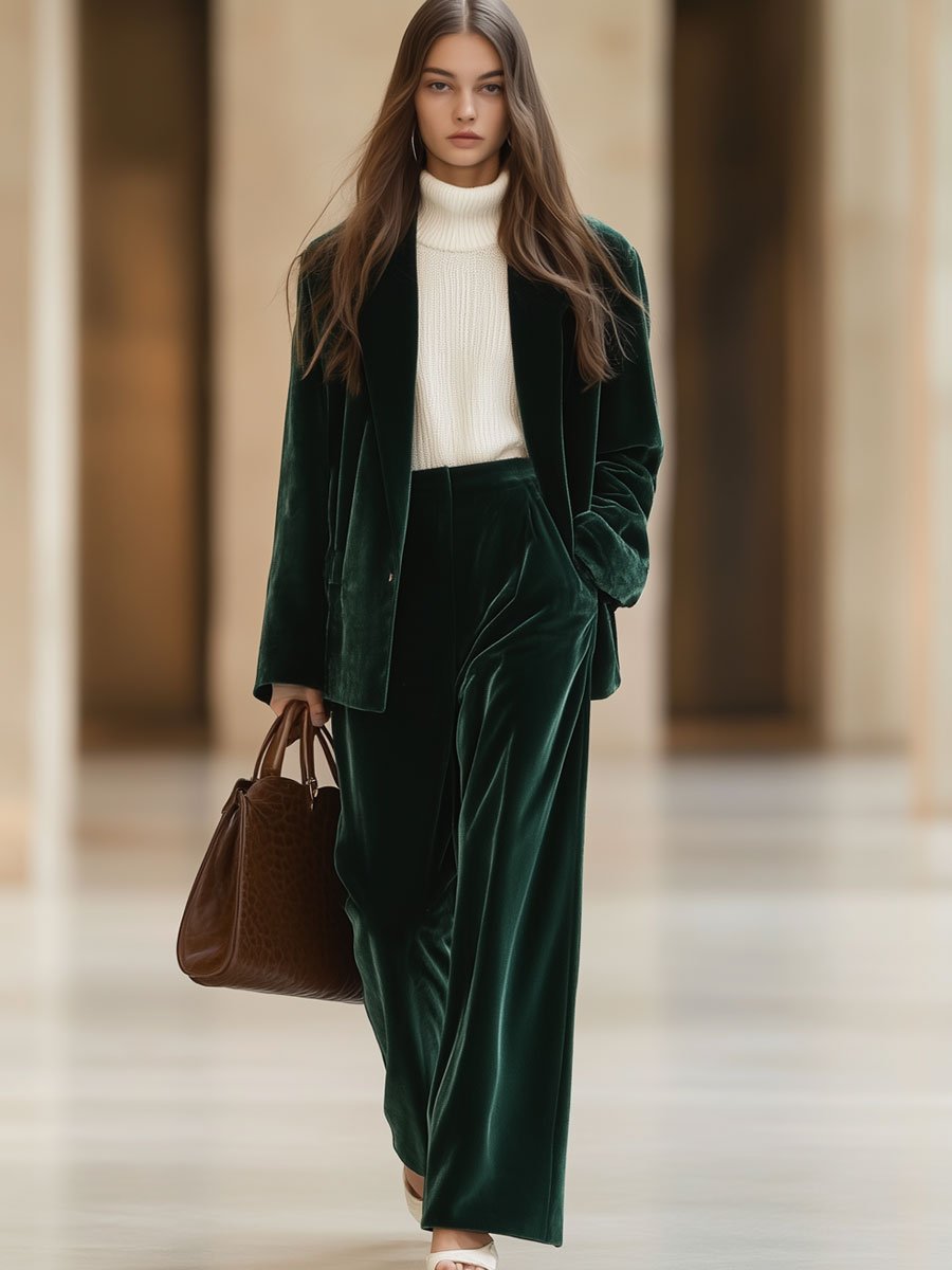 Luxueux pantalon en velours satiné vert foncé - large et confortable - mode féminine