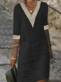 Vestido Casual para Mujer con Mezcla de Lino, Umbrale V y Encaje, Corte Relajado con Manga 3/4