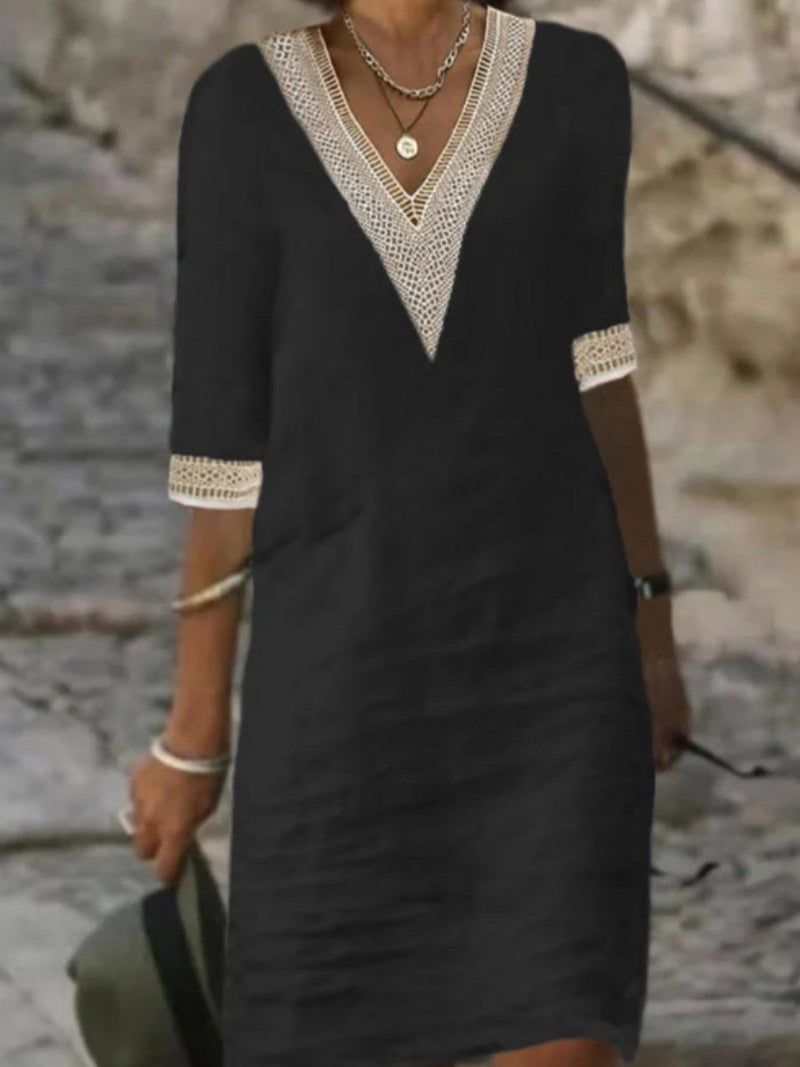 Vestido Casual para Mujer con Mezcla de Lino, Umbrale V y Encaje, Corte Relajado con Manga 3/4