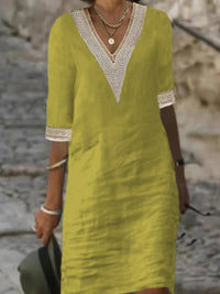 Vestido Casual para Mujer con Mezcla de Lino, Umbrale V y Encaje, Corte Relajado con Manga 3/4