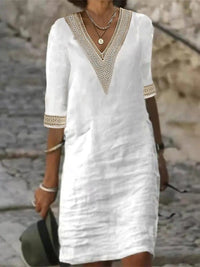 Vestido Casual para Mujer con Mezcla de Lino, Umbrale V y Encaje, Corte Relajado con Manga 3/4