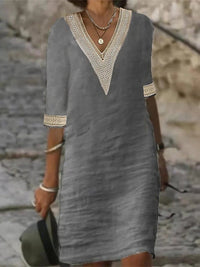 Vestido Casual para Mujer con Mezcla de Lino, Umbrale V y Encaje, Corte Relajado con Manga 3/4