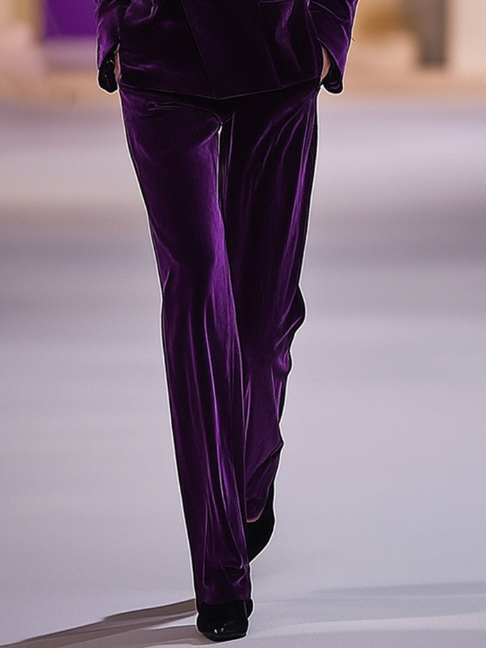 Ensemble 2 pièces en velours violet pour femmes - Ensemble de fête élégant et ajusté