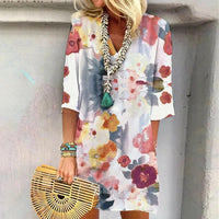 Robe Midi Fleuri avec Imprimé Aquarelle, Tissu Légèrement Mi et Manches Élégantes