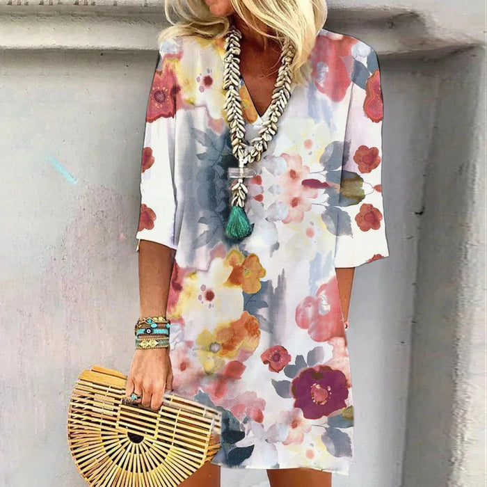 Robe Midi Fleuri avec Imprimé Aquarelle, Tissu Légèrement Mi et Manches Élégantes