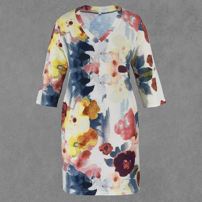 Robe Midi Fleuri avec Imprimé Aquarelle, Tissu Légèrement Mi et Manches Élégantes