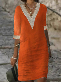 Vestido Casual para Mujer con Mezcla de Lino, Umbrale V y Encaje, Corte Relajado con Manga 3/4