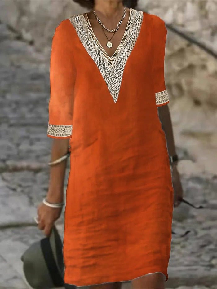 Vestido Casual para Mujer con Mezcla de Lino, Umbrale V y Encaje, Corte Relajado con Manga 3/4