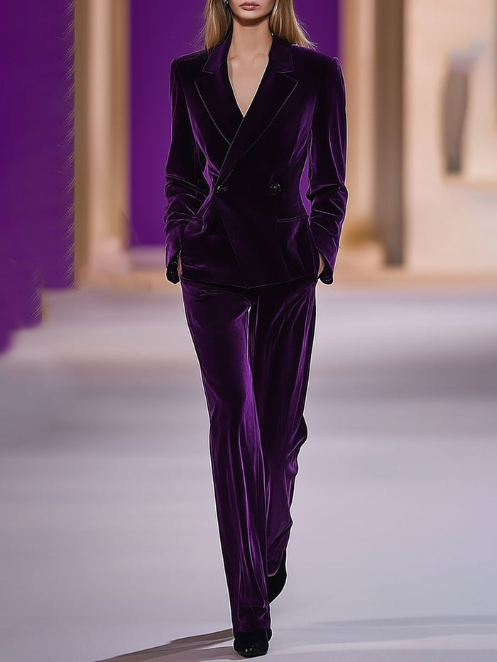 Ensemble 2 pièces en velours violet pour femmes - Ensemble de fête élégant et ajusté