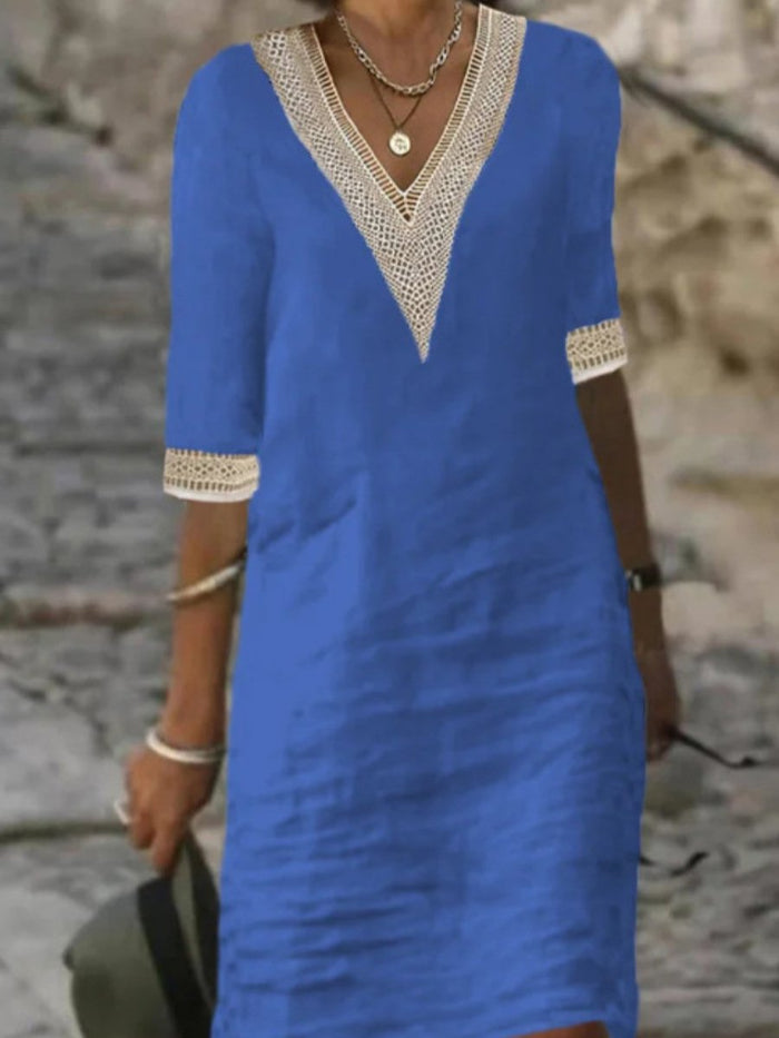Vestido Casual para Mujer con Mezcla de Lino, Umbrale V y Encaje, Corte Relajado con Manga 3/4