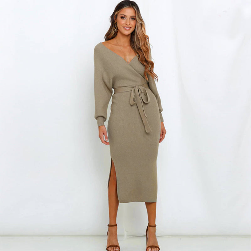 Robe Midi en maille pour femmes - Décolleté en V croisé - Manches longues - Ceinture à la taille - Silhouette ajustée