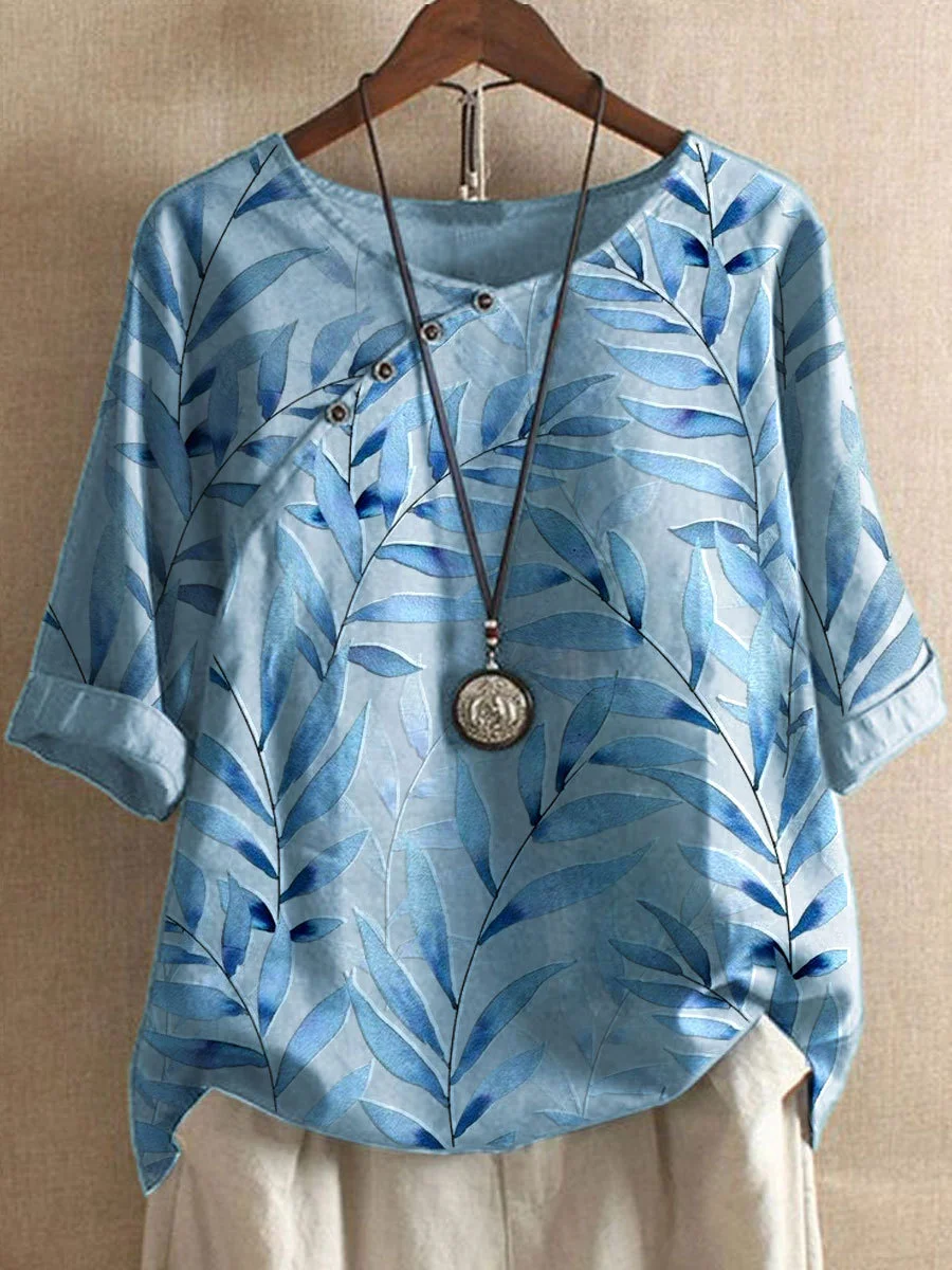 Chemisier élégant en lin pour femme - chemisier d'été stylé avec impression de feuilles à la mode