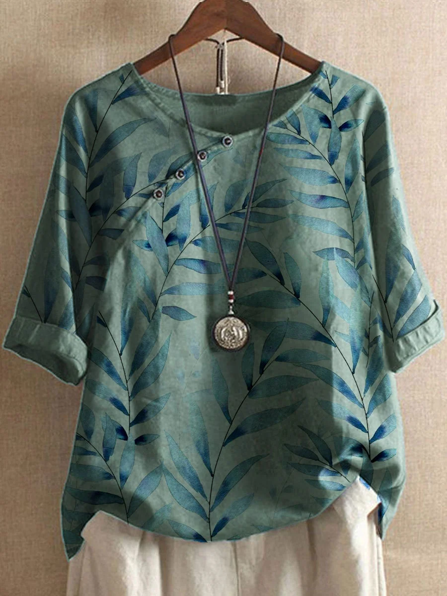 Chemisier élégant en lin pour femme - chemisier d'été stylé avec impression de feuilles à la mode
