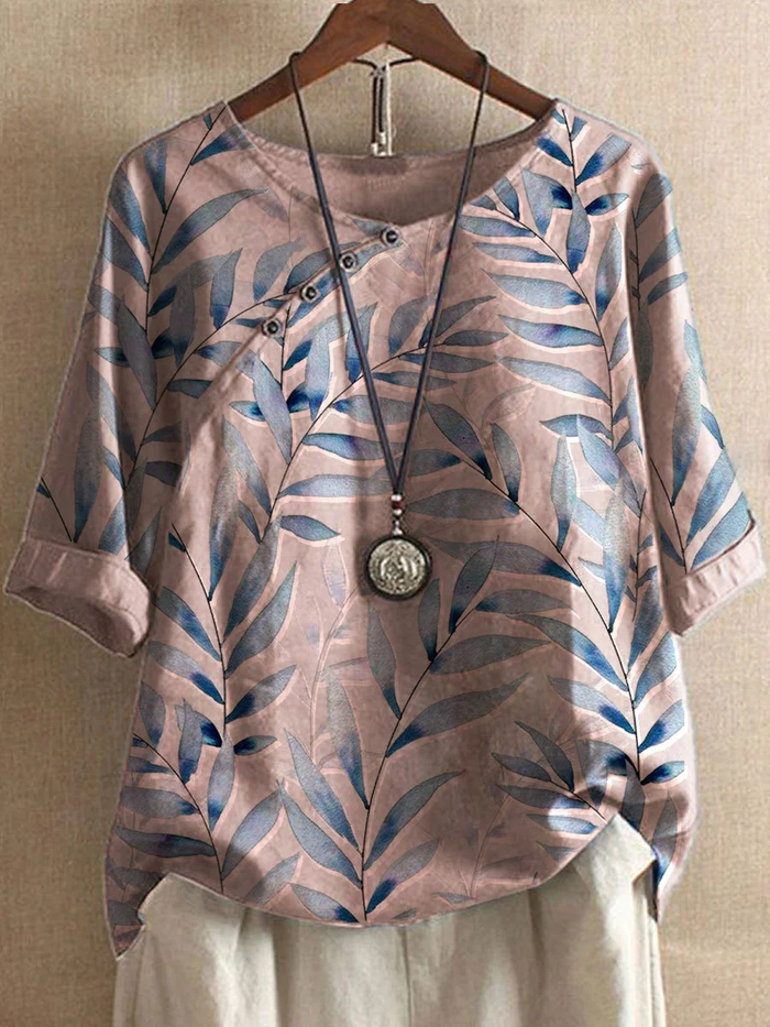 Chemisier élégant en lin pour femme - chemisier d'été stylé avec impression de feuilles à la mode