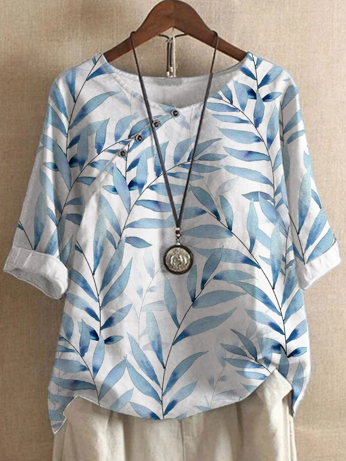 Chemisier élégant en lin pour femme - chemisier d'été stylé avec impression de feuilles à la mode