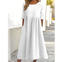 Harper - Elegante robe midi vintage en coton et lin transpirable avec motif plissé
