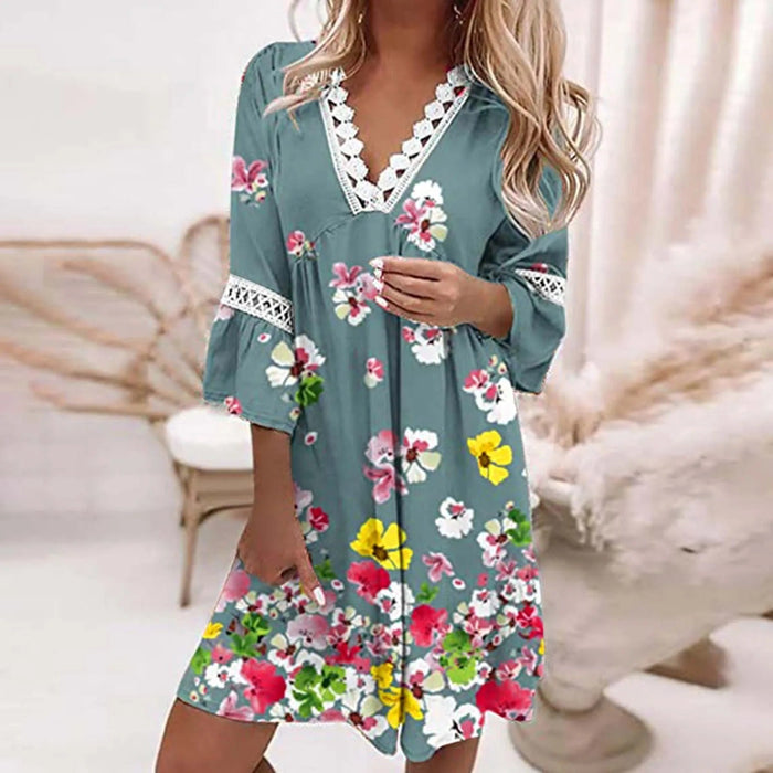 Jupe Florale pour Femmes avec Col en V et Bordure en Dentelle - Manches Trois Quarts, Coupe Décontractée & Tissu Léger