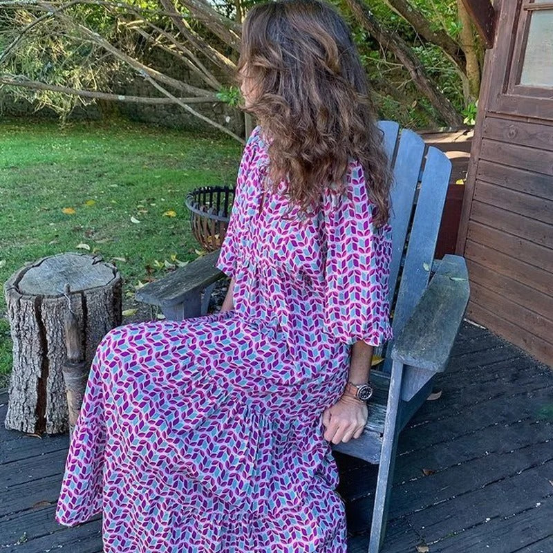 Robe Midi en Coton à Motifs Géométriques pour un Style Élégant