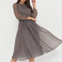 Robe Femme Évasée en Tulle avec Manches 3/4 - Longueur Mi-Mollet - Coupe Légère et Flottante