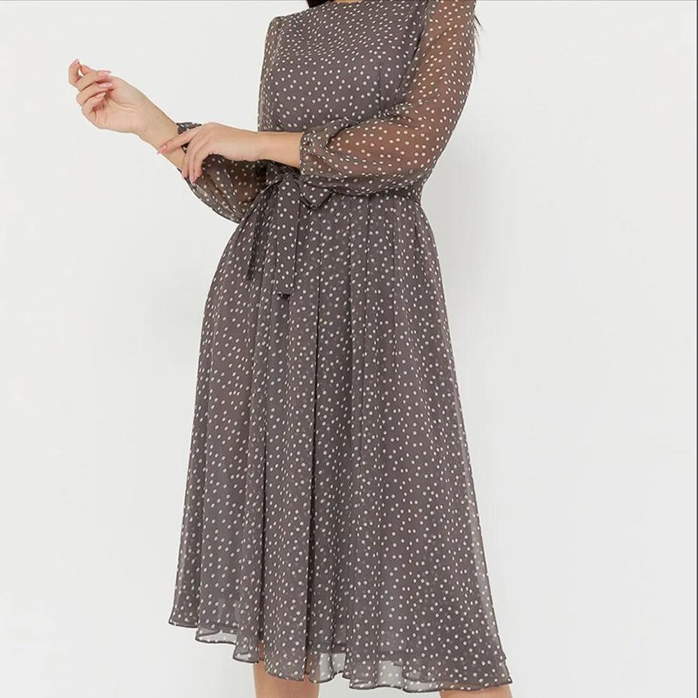 Robe Femme Évasée en Tulle avec Manches 3/4 - Longueur Mi-Mollet - Coupe Légère et Flottante