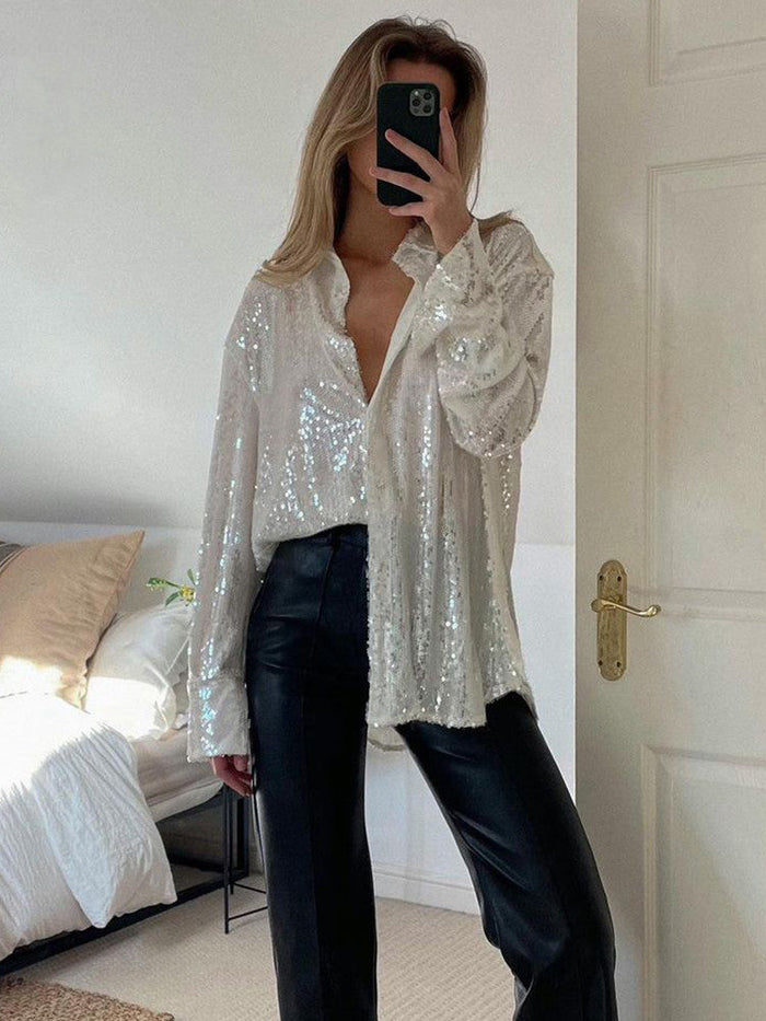 Blouse à paillettes oversize pour femmes - Chemise glamour scintillante