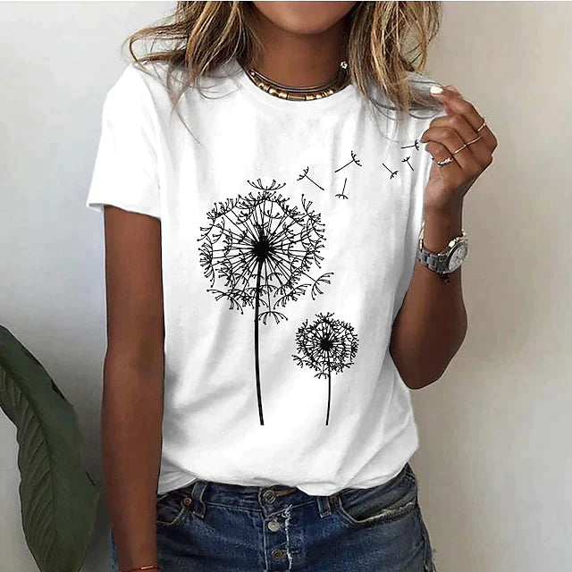 T-shirt pour dames à l'imprimé joyeux de pissenlits - top décontracté en coton confortable à porter tous les jours
