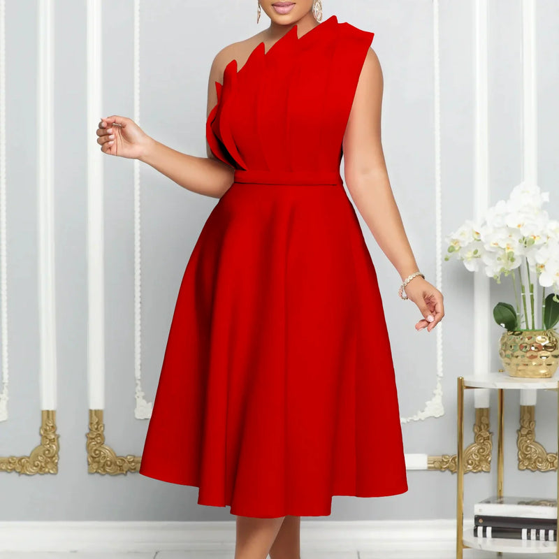 Élégante robe évasée à une épaule pour femmes, avec motif fleuri romantique