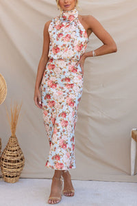 Robe Midi élégante sans manches à col halter pour femmes avec imprimé floral sophistiqué
