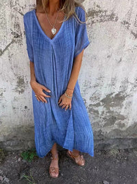 Élégante robe midi en lin à col en V et manches courtes - Respirante, légère et confortable