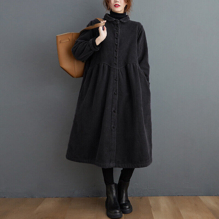 Robe midi boutonnée pour femmes - tissu texturé - coupe décontractée - col à manches longues