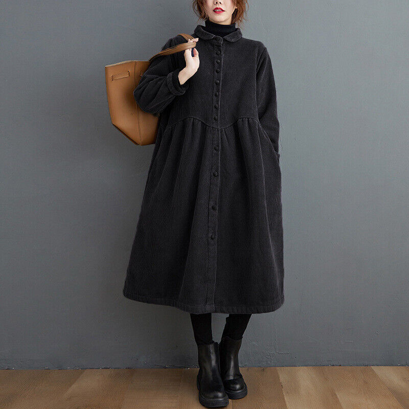 Robe midi boutonnée pour femmes - tissu texturé - coupe décontractée - col à manches longues
