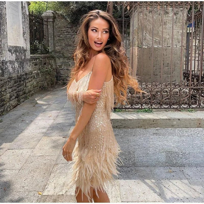 Mini robe de cocktail élégante avec paillettes brillantes et plumes douces - Hannah